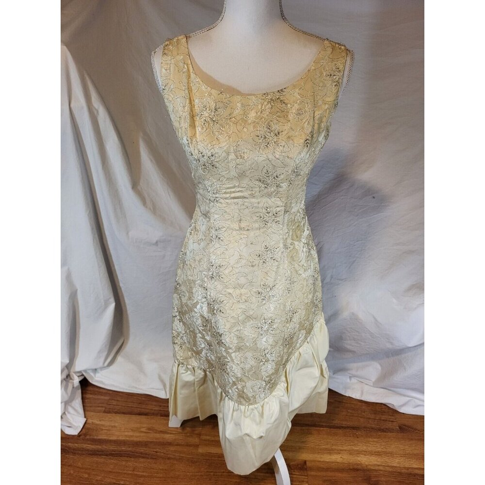 Vtge Union Made Ivory Silver Thread Floral Dress Small? Drop Waist‎